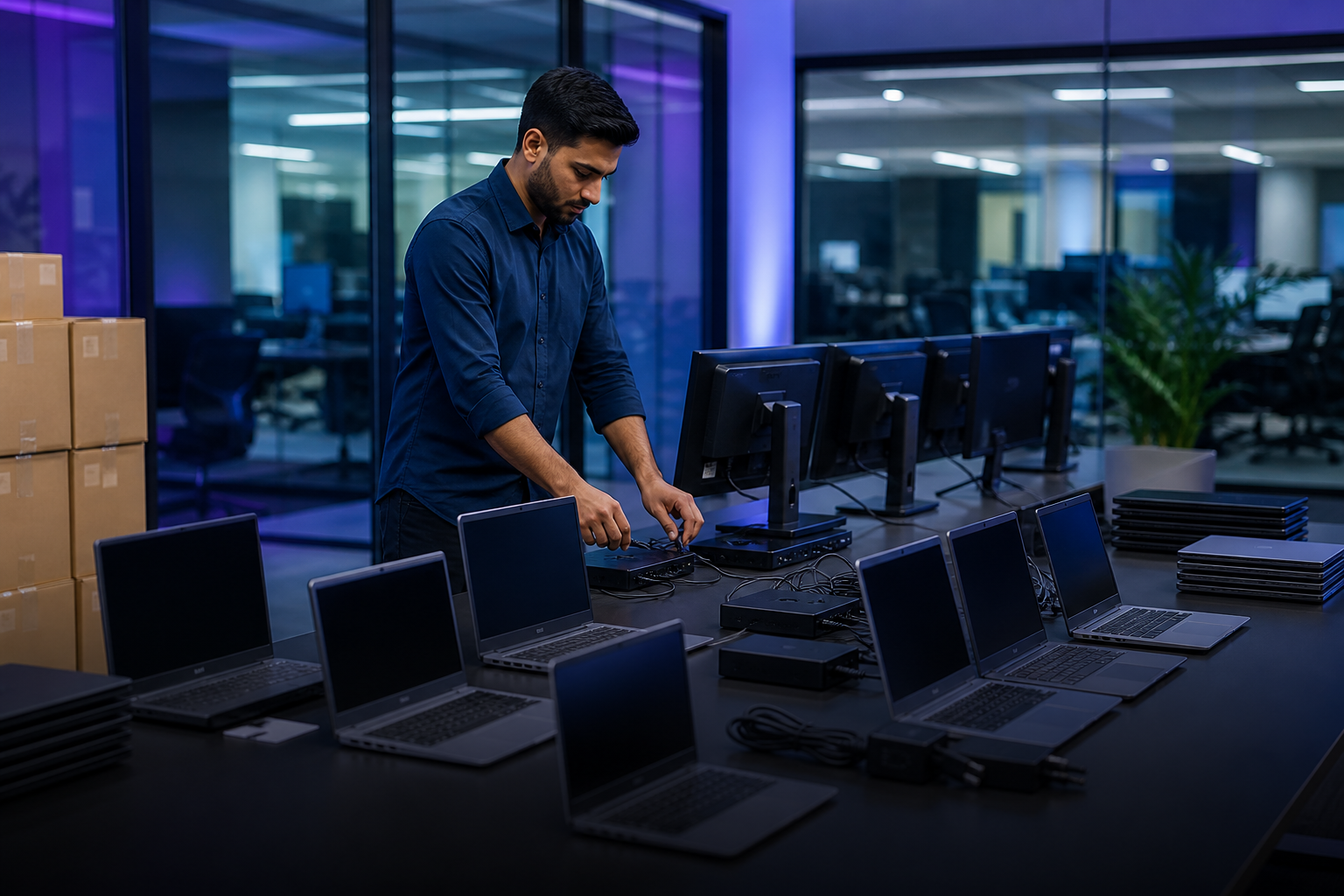 Technician preparing enterprise workplace devices